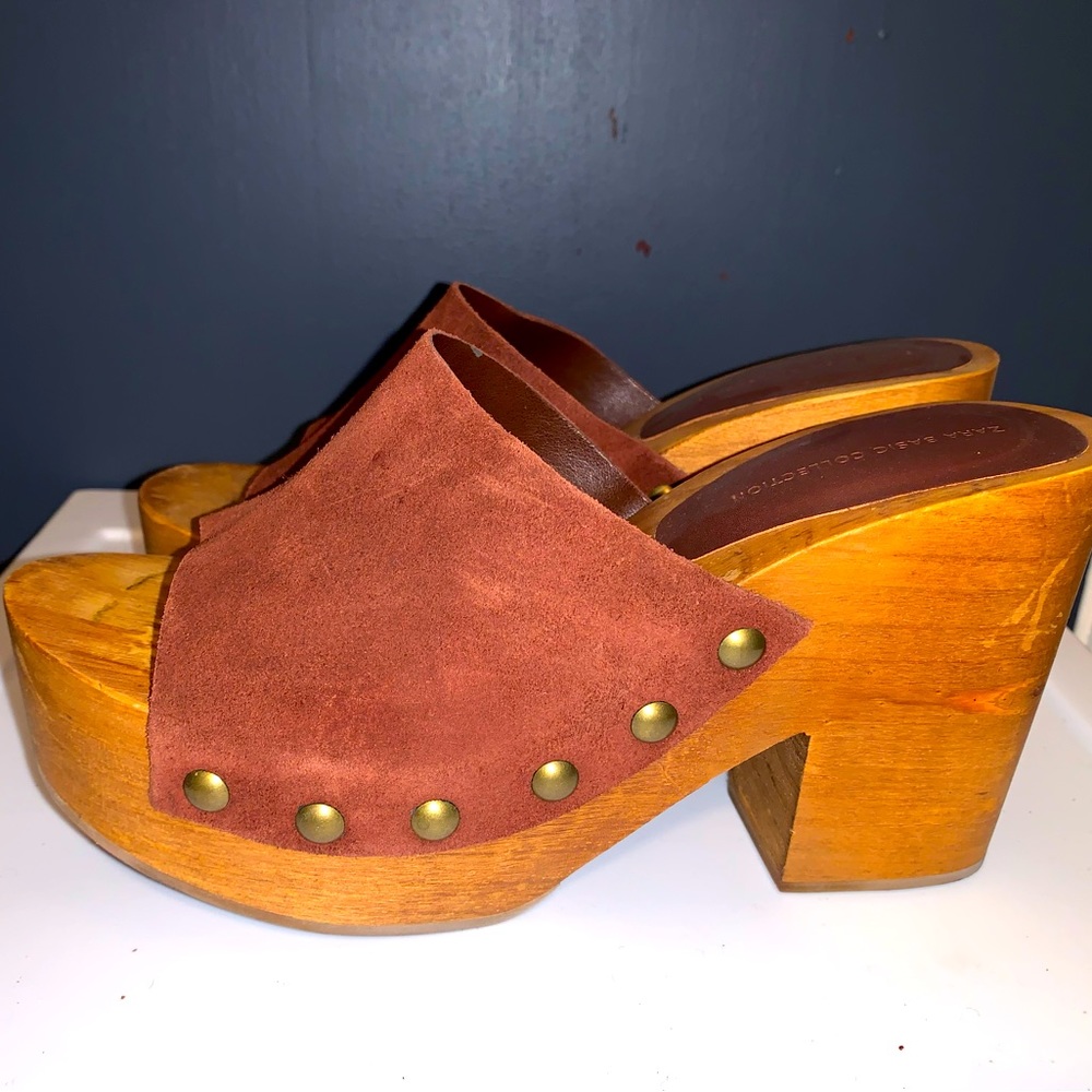 Zara Suede Wooden Studded Clogs Mules EUR 38 / US7